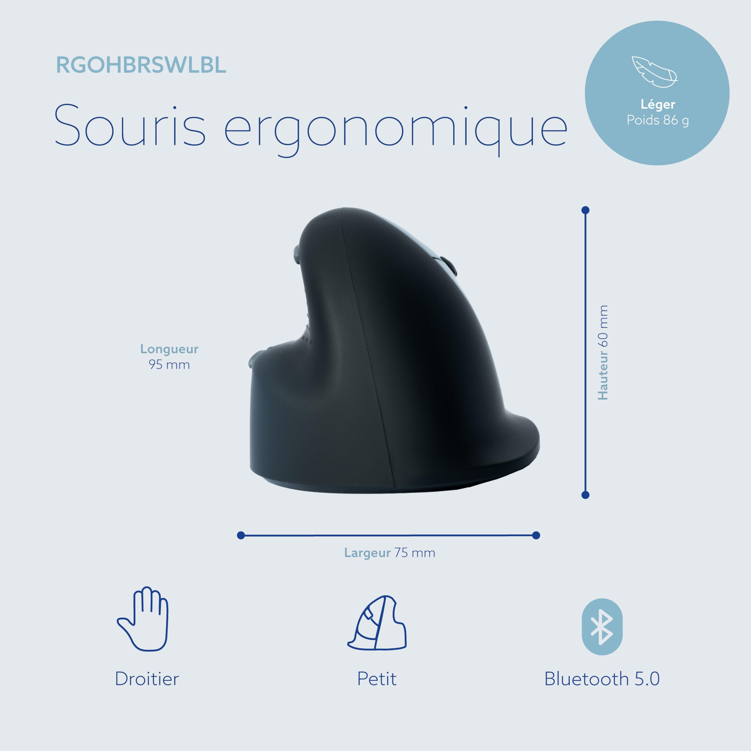 R-Go HE Break Souris Ergonomique sans Fil, pour Petite Main, Bluetooth 5.0, Clic Silencieux, avec Logiciel Anti-Tendinite, Souris Verticale Rechargeable, 2400 DPI réglable et 5 Boutons, Noir