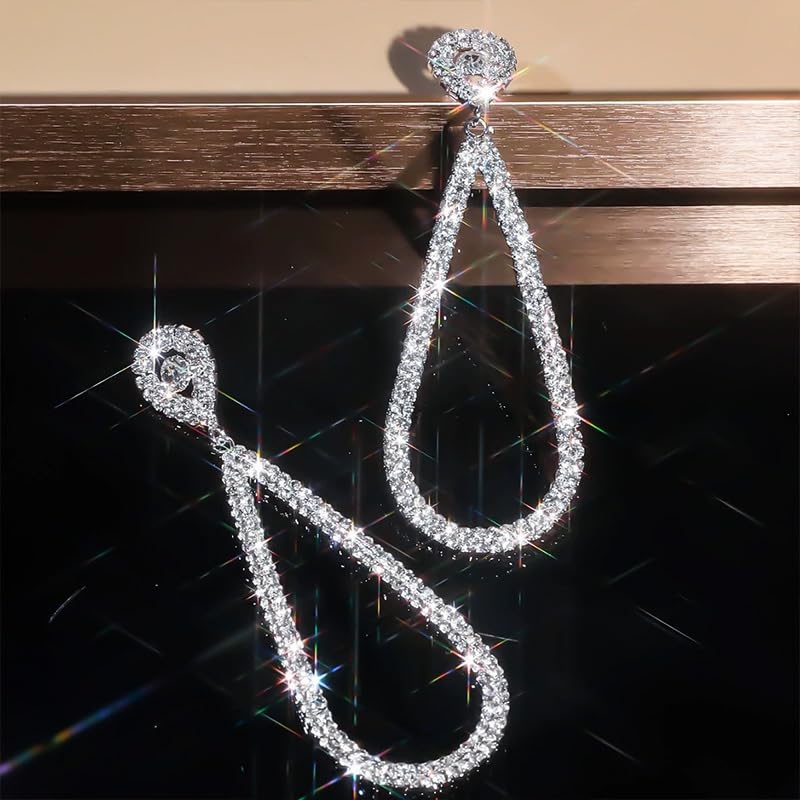 Long Silver Rhinestone Drop Dangle Earrings for Women Dangling Statement Sparkly CZ Bling Crystal Sparkle Chandelier Formal Prom Earring Fashion Jewelry4