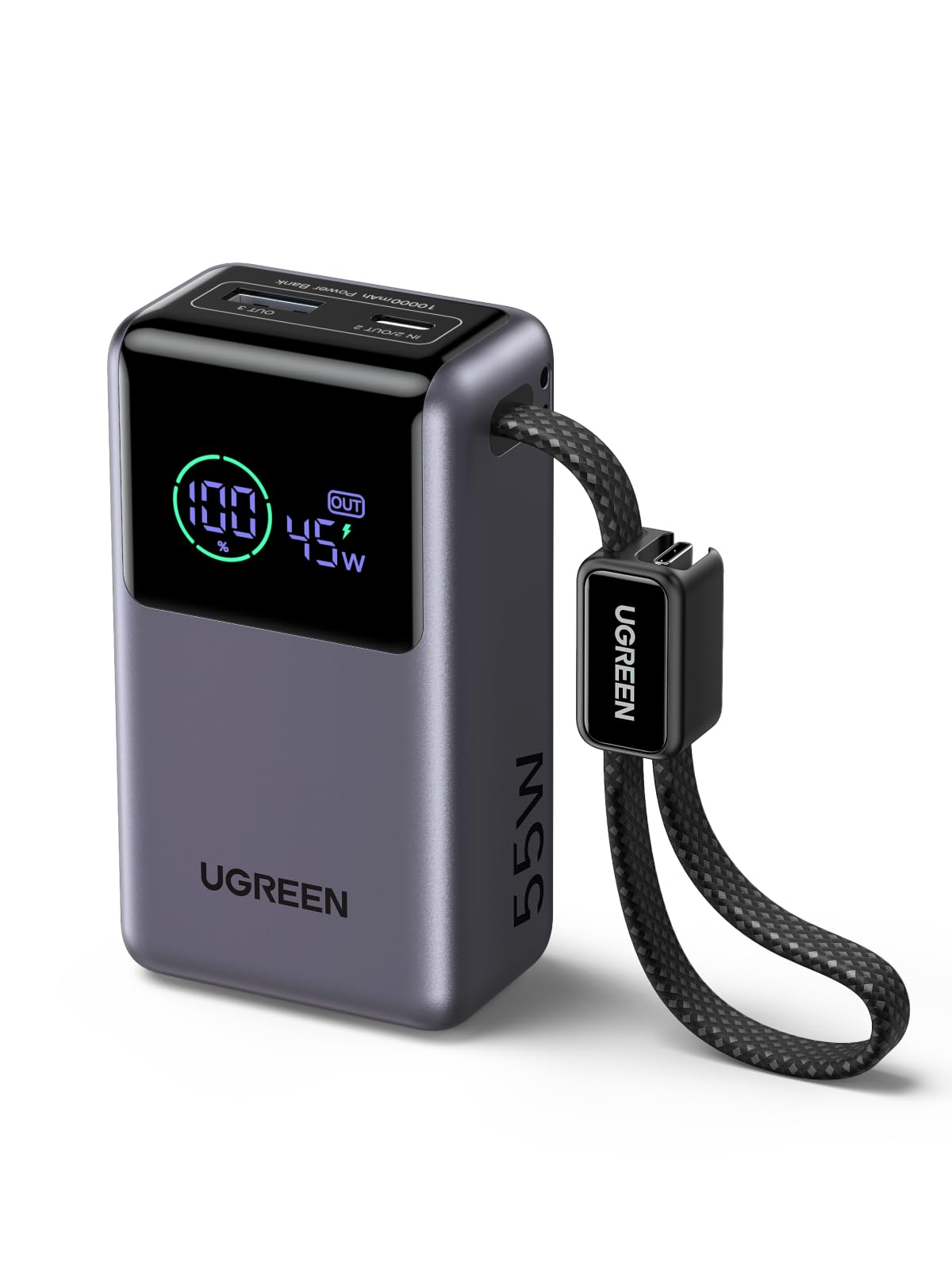 Power bank UGREEN 55W, 10000mAh z wbudowanym kablem, HyperCharge dla Xiaomi, szybkie ładowanie PD 45W, kompatybilny z iPhone'em 17/16/15, szary