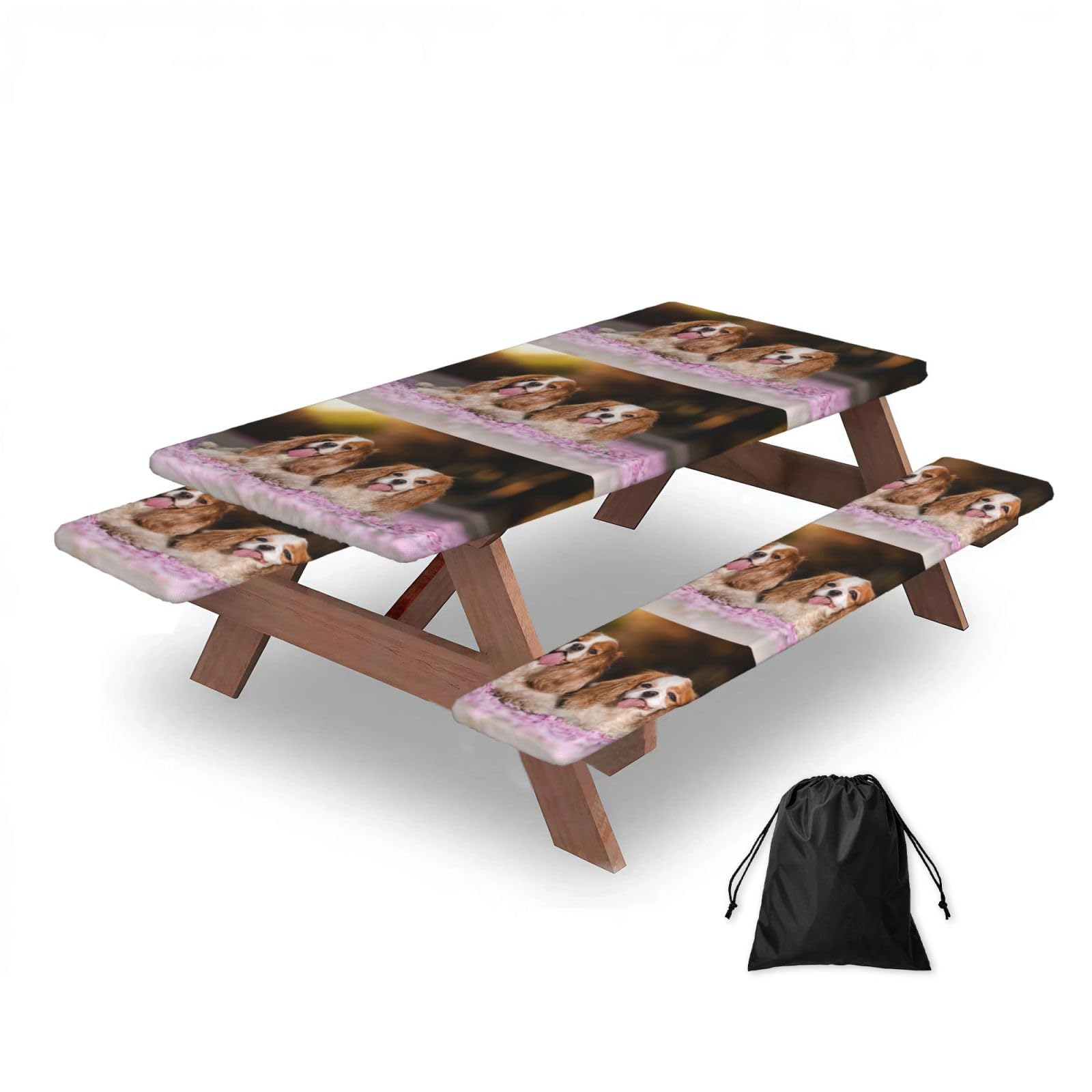 Dopklna As Picture Cavalier King Charles Spaniel White Brown Dogs, Picnic Table Cover With Bench Covers -Waterproof Elastic Fitted Tablecloth For Garden Camping Patio 76X152cm