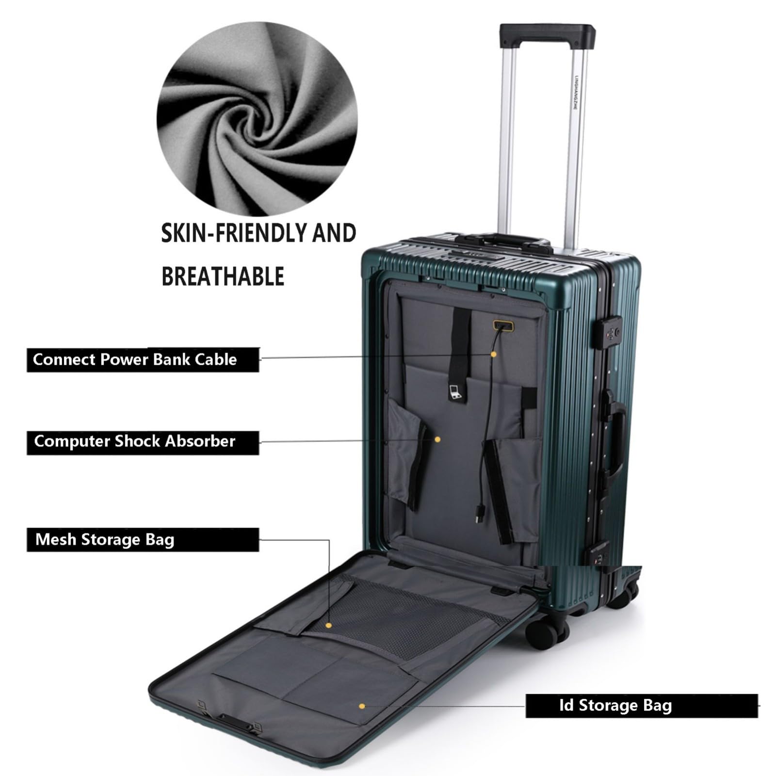 Equipaje de Mano con Bolsillo Frontal de 20"/24", Marco de Aluminio Laterales Rígidos, Maleta con Ruedas Giratorias y Cerradura TSA, con Puerto de Carga USB y Portavasos A,20inch
