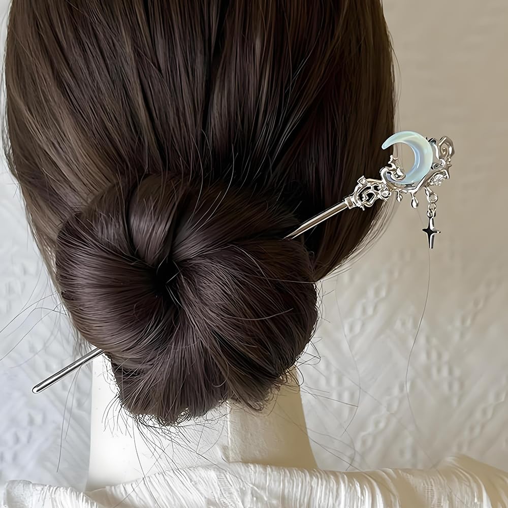 2pcs Star Moon Hair Sticks for Buns Long Hair Metal Silver Hair