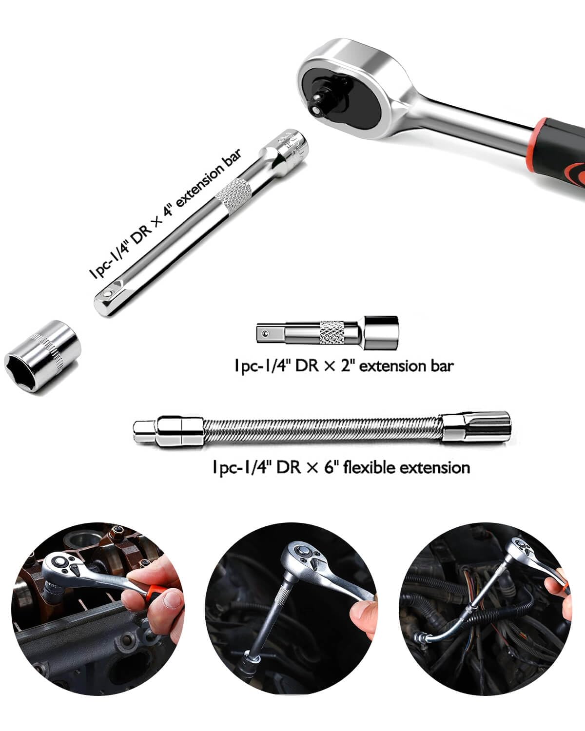 KeZaara Ratchet and Socket Set 1/4 Inch, Ratchet 1/4-46 Pieces, Ratchet Wrench and Ratchet Set Suitable for Bicycles and Cars - Image 4