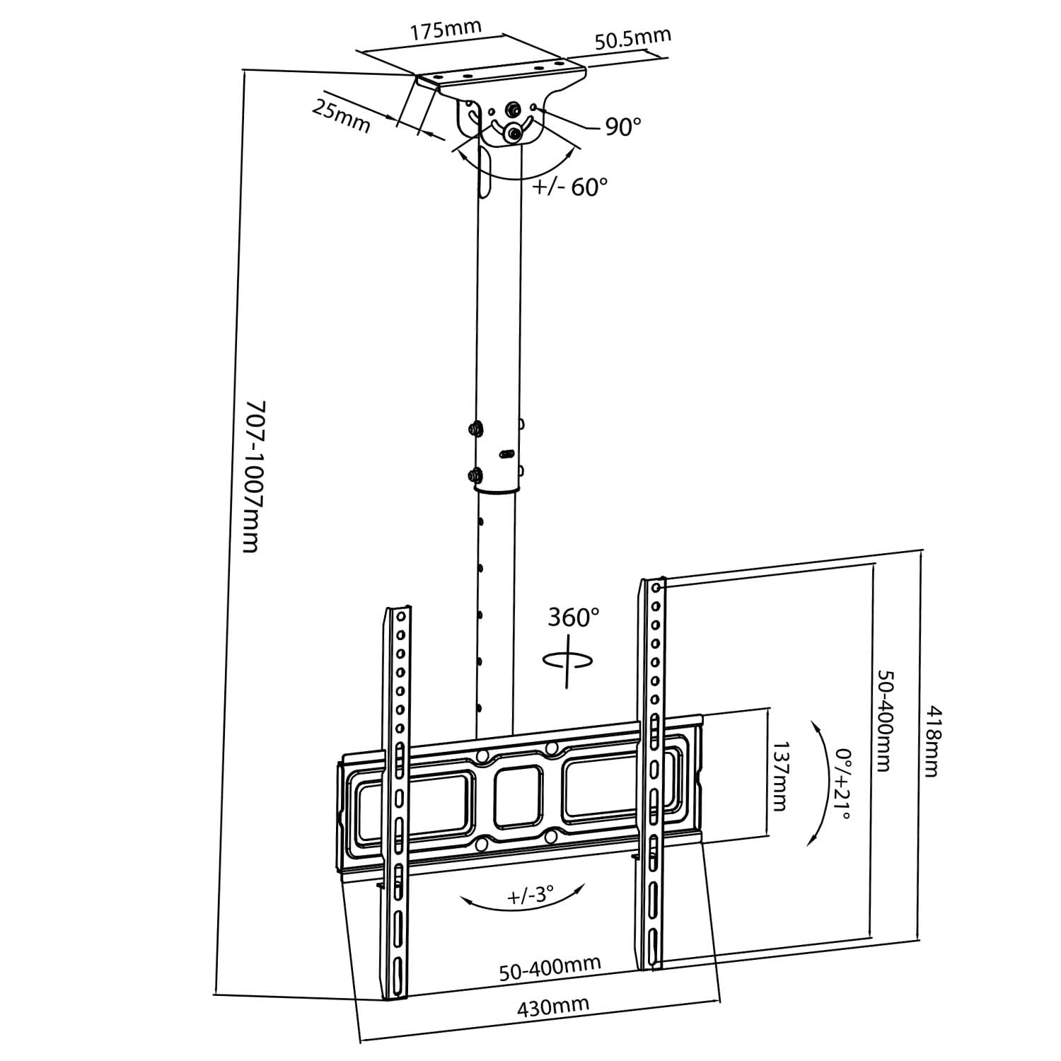 Maclean MC-943 Soporte de Techo para TV, VESA, 32"-50", máx. 35kg