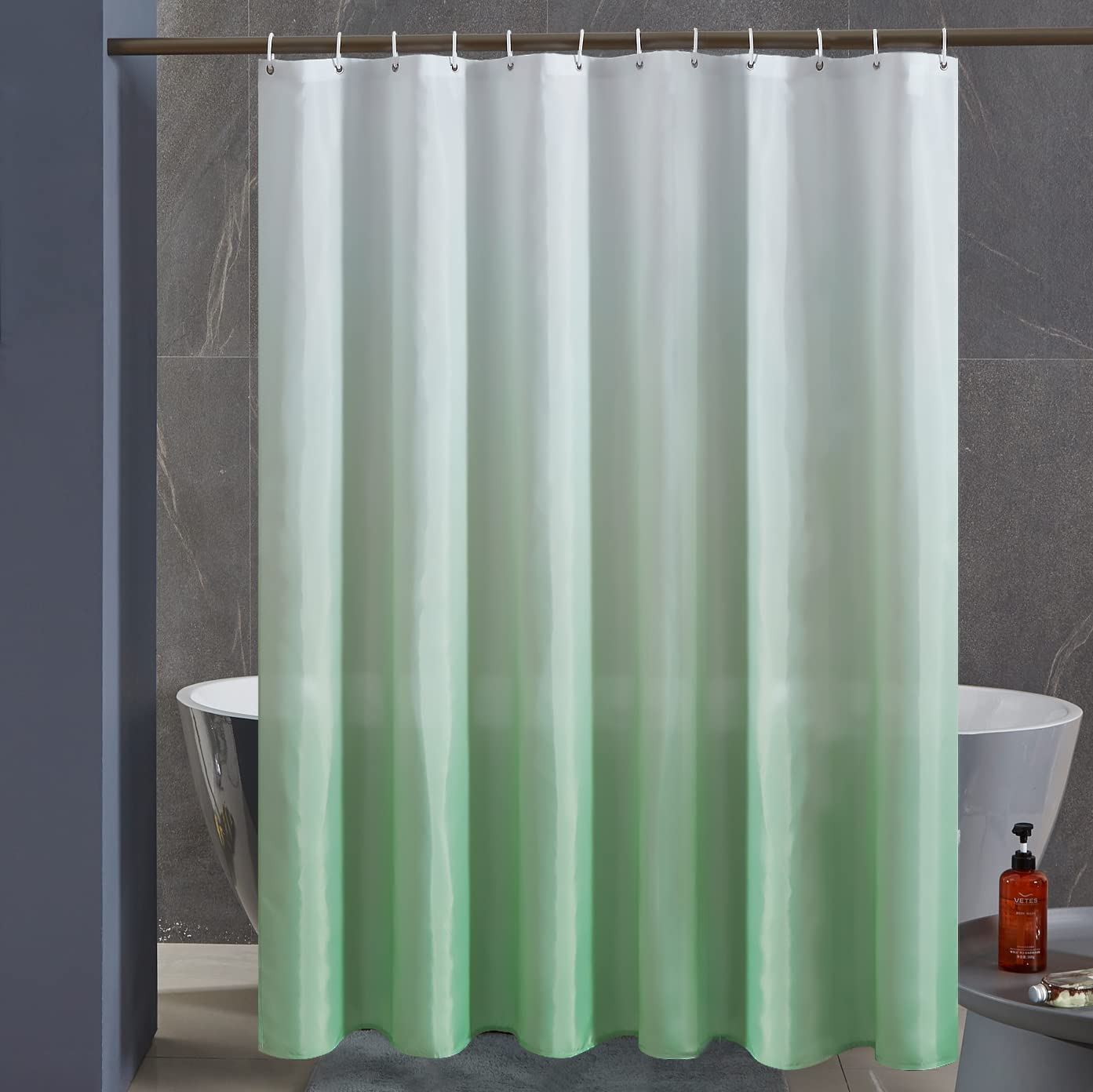 Furlinic Cortina Ducha Antimoho Verde Degradado 180x200 cm Poliester Tela Impermeable Lavable Grande Cortinas Baño Originales 12 Anillas Cortina Ducha Plegable