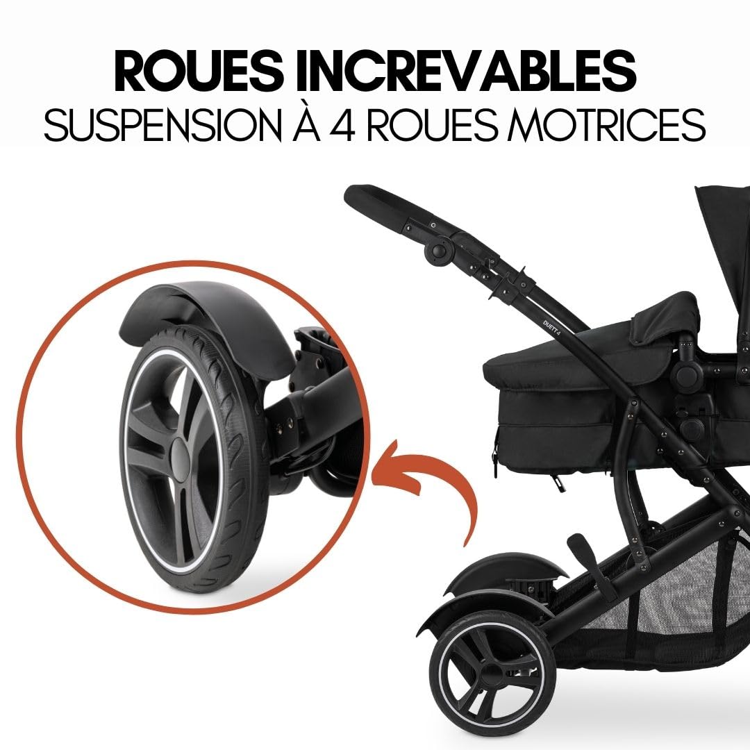 hauck Poussette Double Duett 4 - pour 2 Enfants, Tandem Superposé, Couvre-Jambes, Protection Pluie, Siège Convertible en Nacelle, Compacte, Jusqu'à 36 kg - Noir