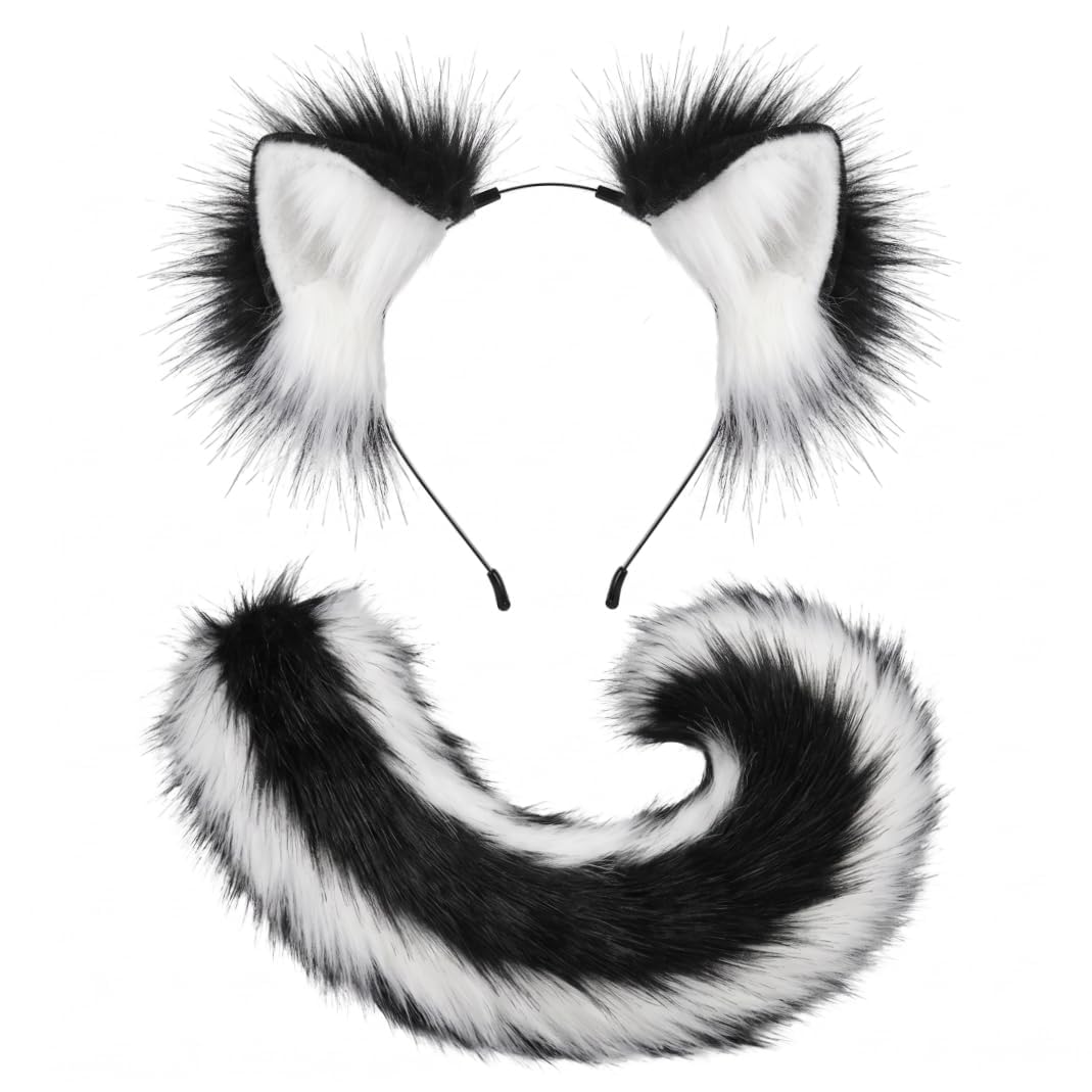 ,Black And White,Coda di soffice Pelliccia di Volpe Sintetica per Donna - Accessorio per Costume Coda di Volpe Gatto Lupo con Cintura Regolabile, Ideale per Feste di Halloween e Costumi in Maschera