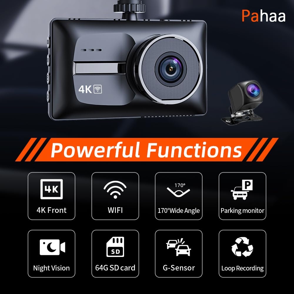 Dash Cam Front and Rear, 4K+1080P Dual Dash Camera for Cars with 64GB Card, 170°Wide Angle Mini Car Camera, 3” IPS Screen, WDR Night Vision, G-Sensor, Parking Monitor