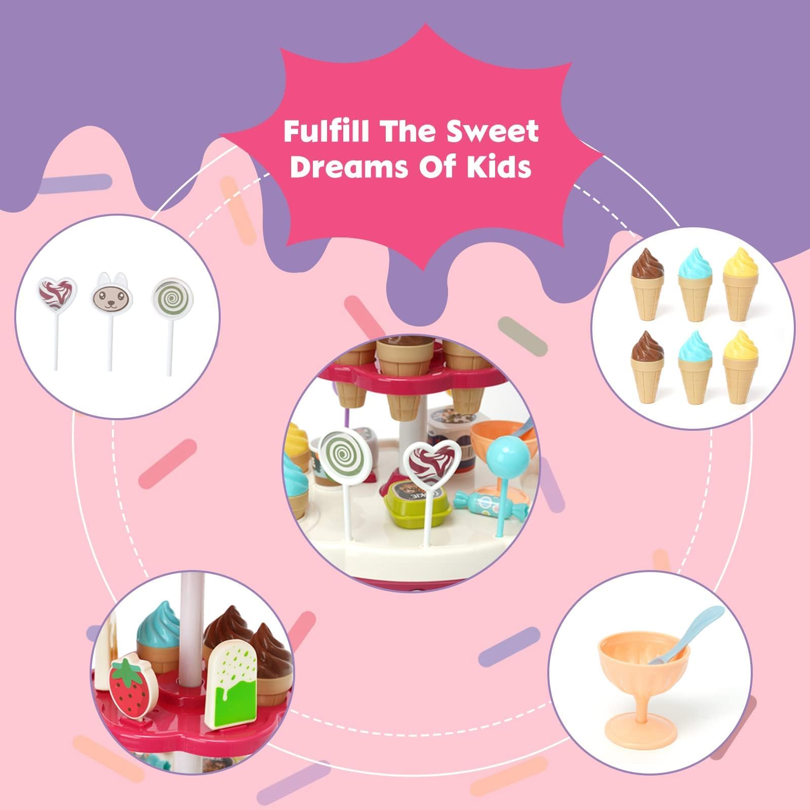 Carrito de Helados para Niños, Heladeria Juguete 36 Piezas , Juguete de Helado con Piruletas de Chocolate, Tienda de Helados Educativos Regalo para Niñas 3 4 5 6 años
