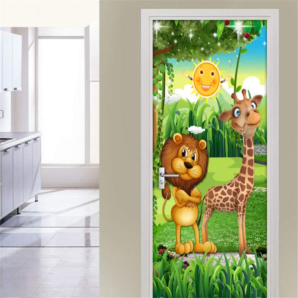 3D Bosque De Dibujos Animados Animal León Jirafa Habitación De Los Niños Habitación De Los Niños Decoración De La Puerta Etiqueta De La Pared Mural Wallpaper Autoadhesivo Cartel Escena 77 * 200 Cm