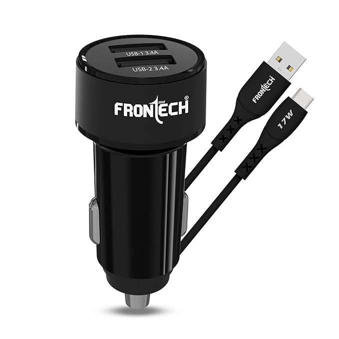 FRONTECH 17W Dual USB Car Charger with 1M Type-C Cable | Fast Charging (5V/3.4A) | Compact, Anti-Vibration Design | Charge 2 Devices Simultaneously (CCH-0008)