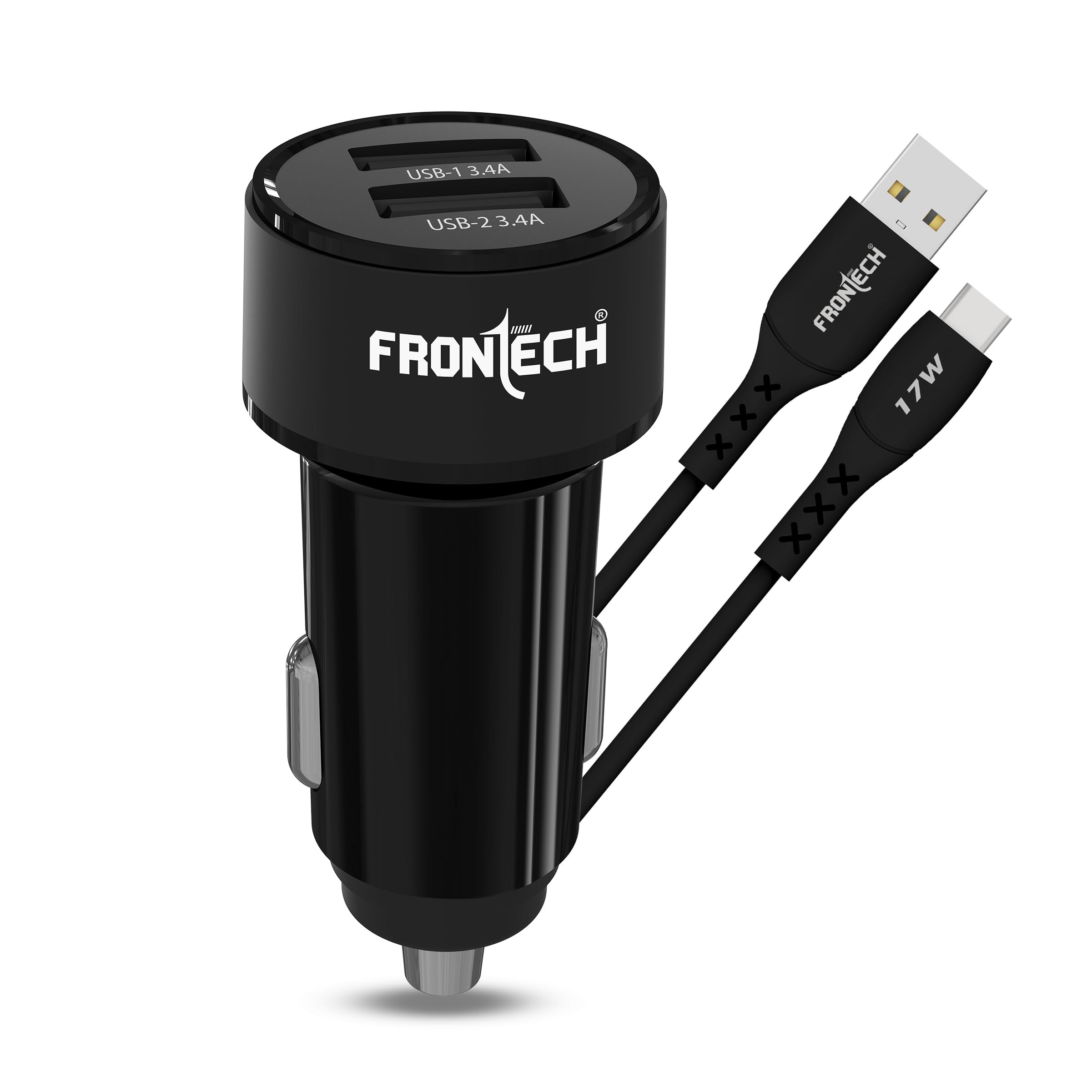 FRONTECH 17W Dual USB Car Charger with 1M Type-C Cable | Fast Charging (5V/3.4A) | Compact, Anti-Vibration Design | Charge 2 Devices Simultaneously (CCH-0008)-image-2