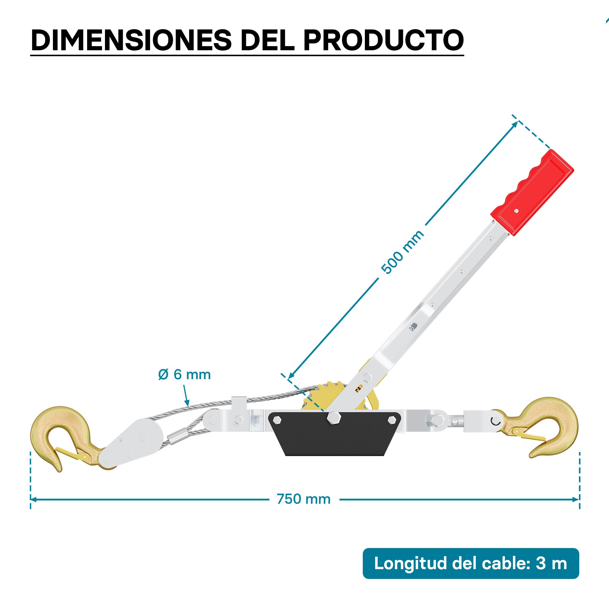 Cabrestante Manual 4000kg 3 m cable palanca tracción 2 ganchos arrastre portátil