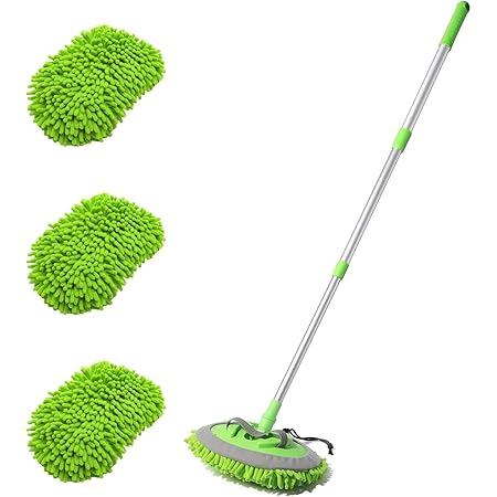 2-in-1 Car Wash Mop Mitt with 3 Pcs Mop Heads, 45" Long Handle Chenille Microfiber Car Wash Dust Brush Extension Pole Flexible Rotation Scratch Free Cleaning Tool Dust Collector Supplies (Green)