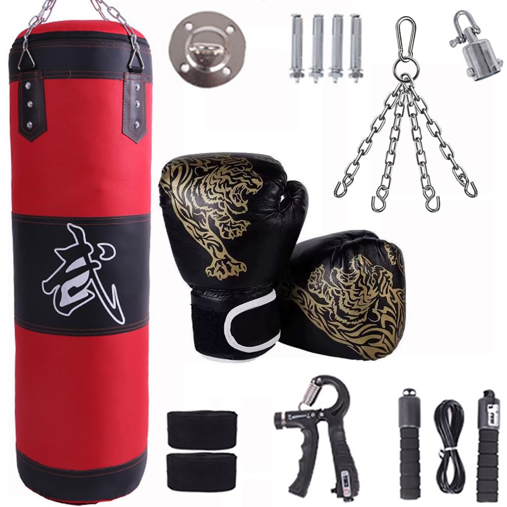 HEYOUTH Worek Bokserski Wiszący, Wypełniony Worek Bokserski Wytrzymały 15 w 1, Materiał PU z Grubszym Łańcuszkiem Obracalny o 360°, Nadaje Się Do Boksu Muay Thai