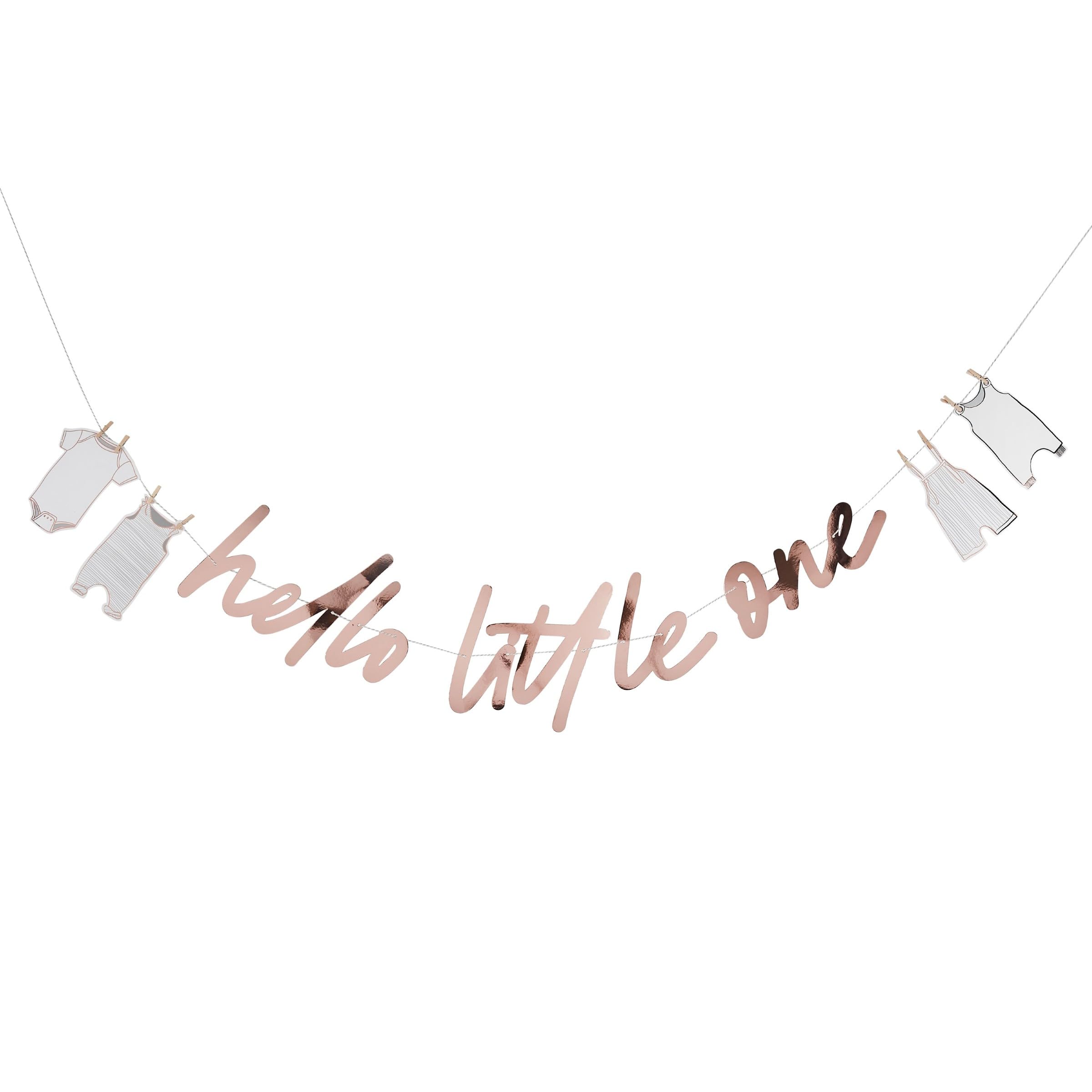 Rose Gold Hello Little One Card Banner 2m, Baby Shower Banner Decoration with Mini Baby Grow Peg Details for Gender Neutral Celebrations
