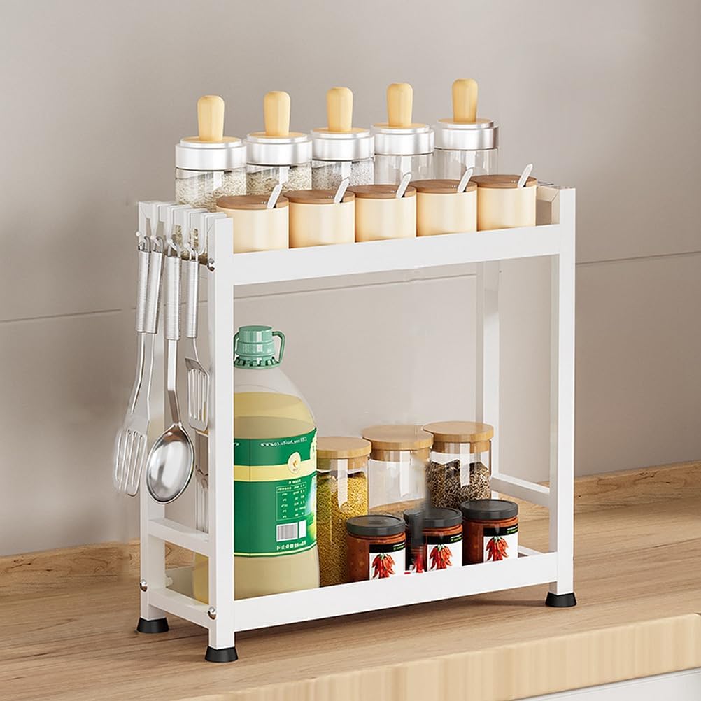 FOTN Stainless steel 2-tier kitchen rack countertop seasoning multi-layer storage rack, desktop seasoning rack condiment can tank supplies kitchen organizer shelf (white), Large
