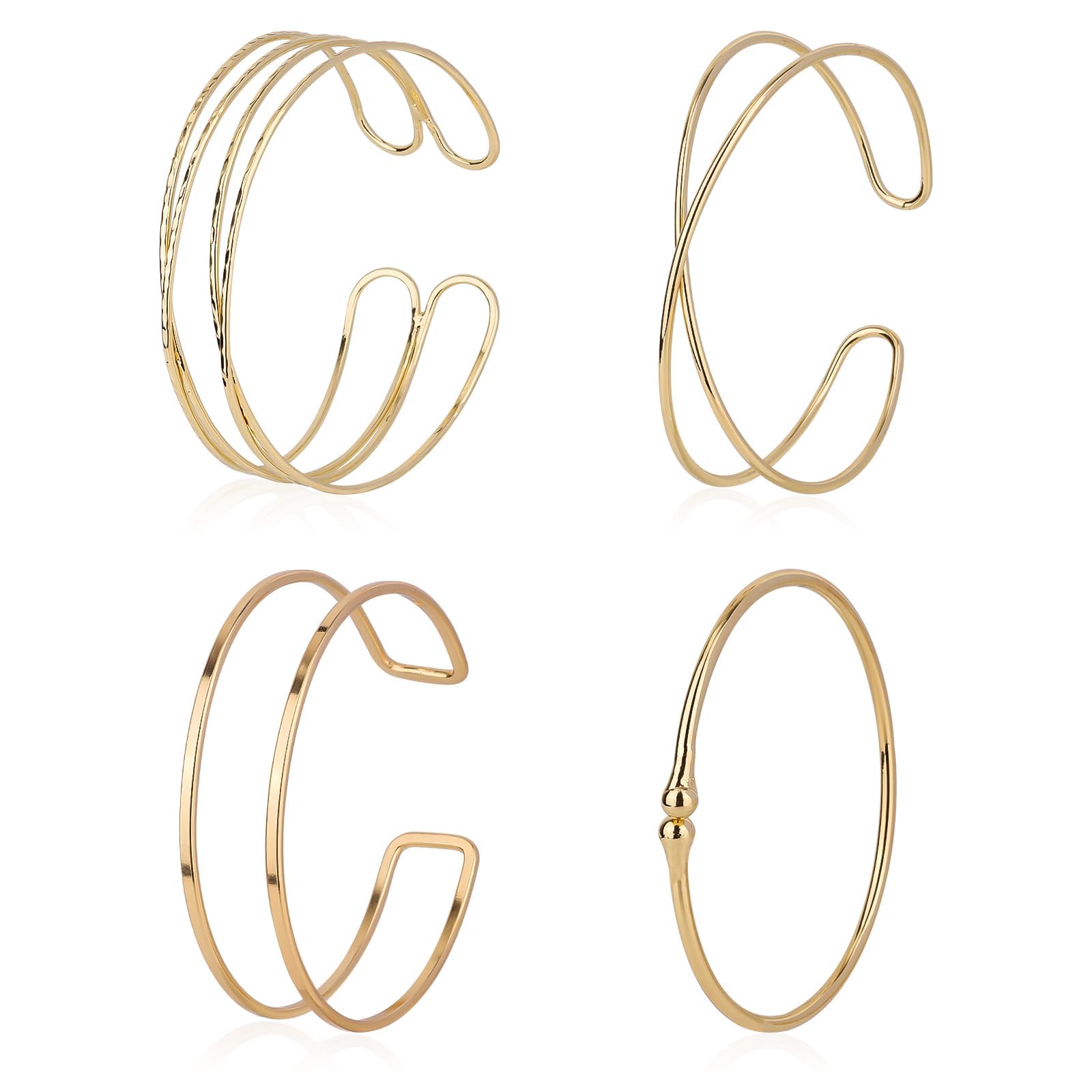 ZephyrHome Set de 4 Brazaletes Dorados Mujer Ajustables, Pulsera Abierta de Brazo Superior en Aleación, Conjunto de Joyería Minimalistas, Accesorios de Moda Boho Chic para Fiestas, Bodas, Cumpleaños y Uso Diario