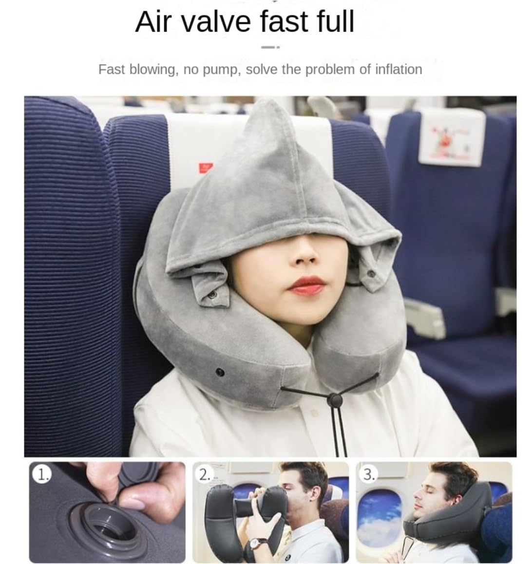 Reisekissen Nackenkissen Aufblasbares Reisekissen, Reise-Kapuzenpullover, Reise-Nackenkissen, U-förmiges Kissen Mit Seitentasche Nackenhörnchen(Grey)