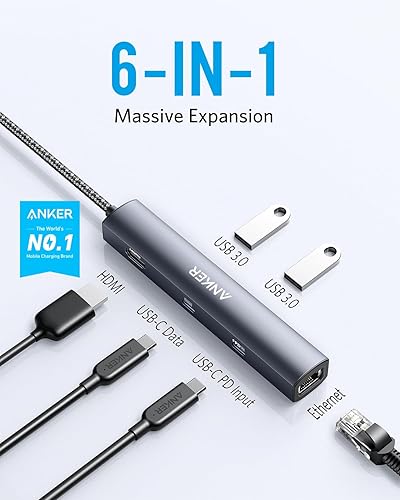 Miniatura 2 de Anker Hub USB C 6 en 1 con entrega de energía de 65 W, HDMI 4K, Ethernet de 1 Gbps, puertos USB para MacBook Air, iPad Pro, XPS y más