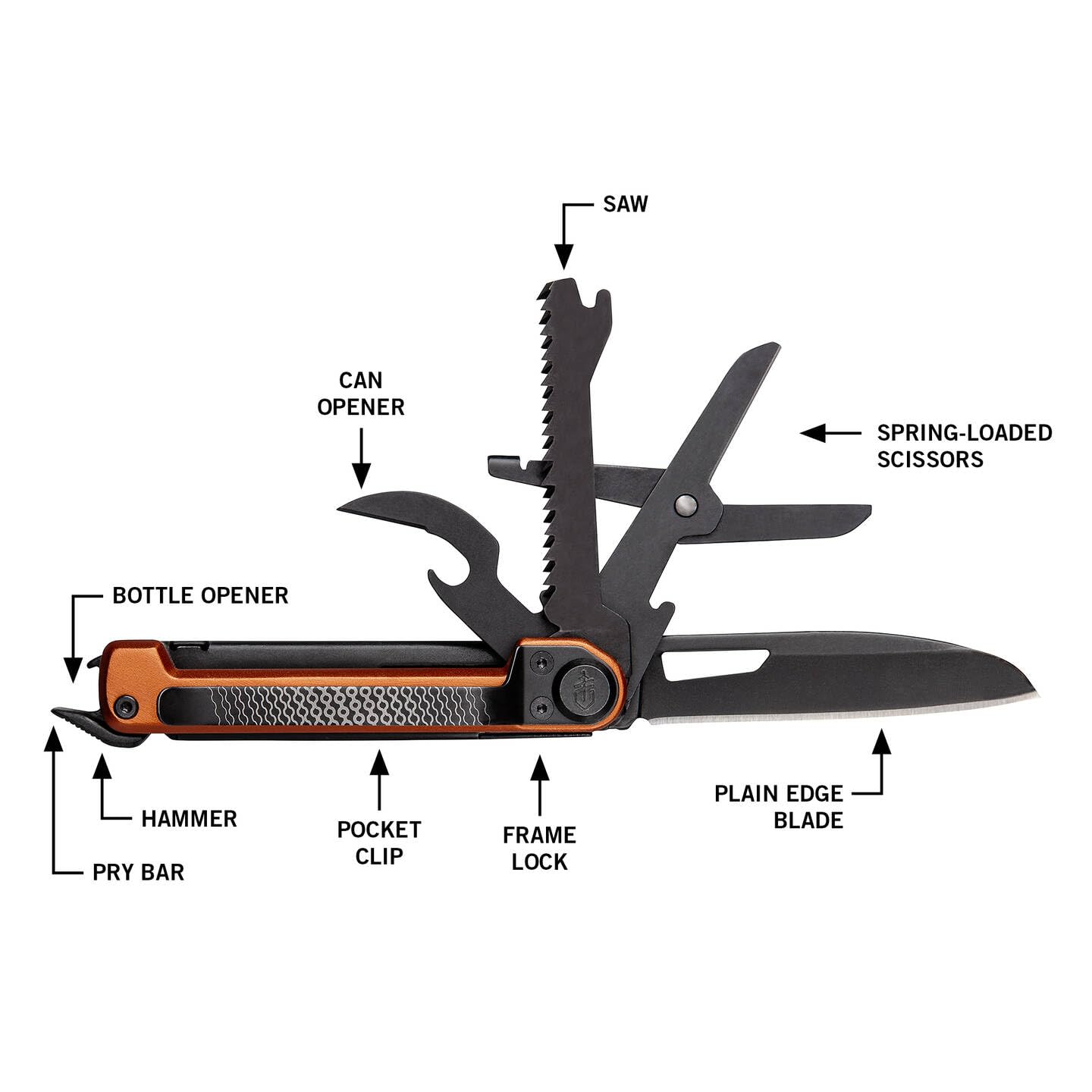 Gerber Scyzoryk z 7 funkcjami, narzędzie wielofunkcyjne z gładkim ostrzem, z nożyczkami i piłą, ArmBar Scout, czarny/pomarańczowy, stal nierdzewna/aluminium, 1064396
