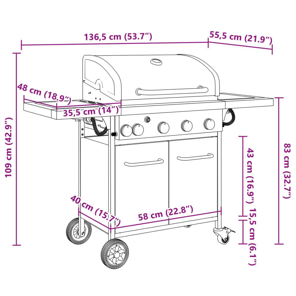 vidaXL Griglia Barbecue a Gas con 5 Bruciatori Nero in Acciaio