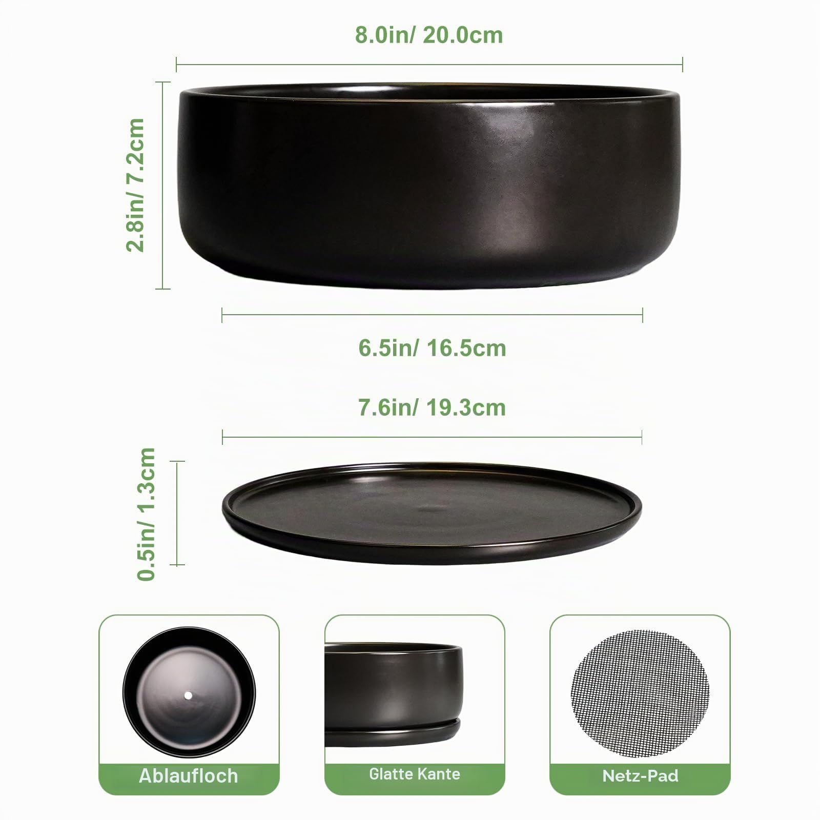 SQOWL Bonsai-Töpfe – 20,3 cm Keramik-Pflanztöpfe für Sukkulenten, runder Indoor-Pflanztopf mit Ablaufloch und Untersetzer, Flache Moderne Pflanzschale, Raumdekoration, Schwarz