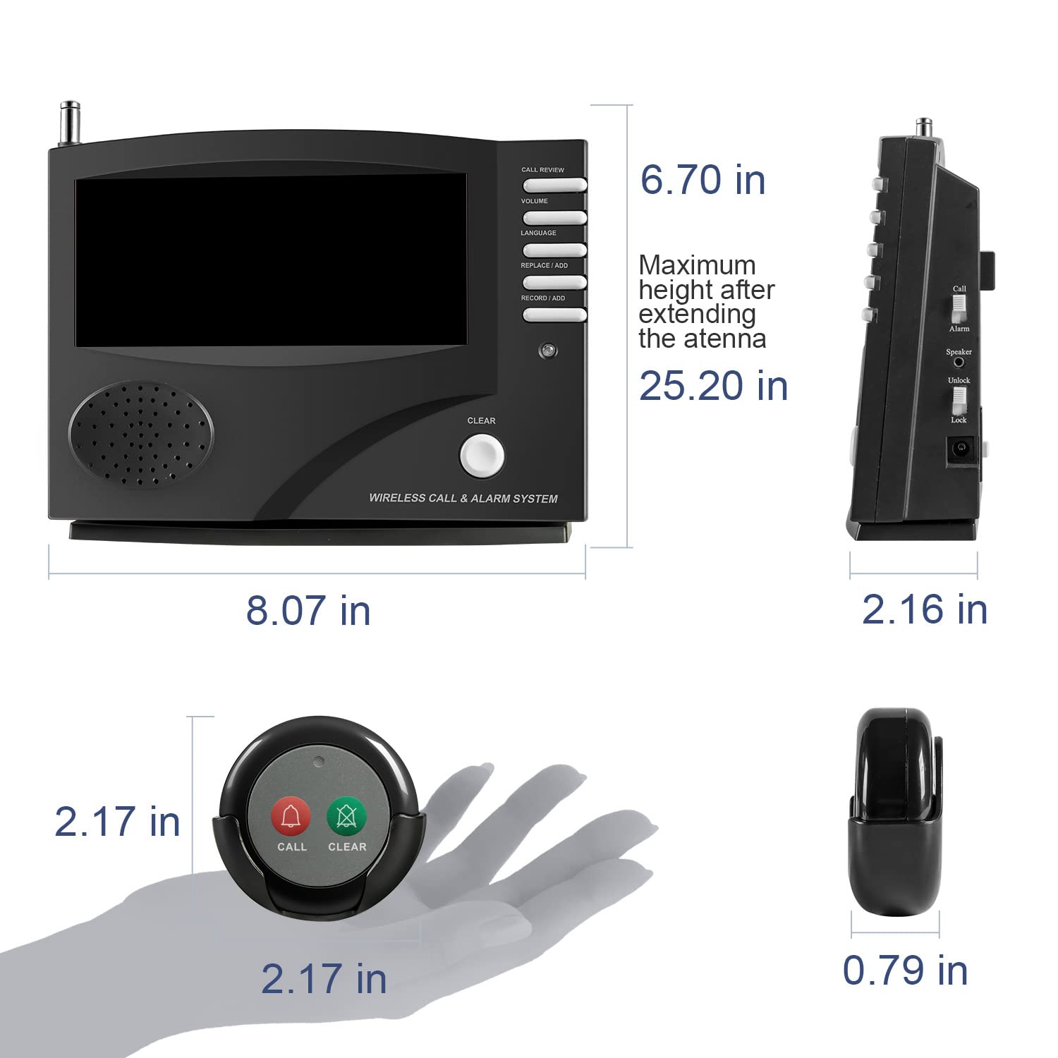 Sistema di chiamata wireless per infermieri, con 5 pulsanti di chiamata a doppia funzione e 1 unità di monitoraggio centrale per clinica, ristorante, casa di cura, pazienti, assistenti