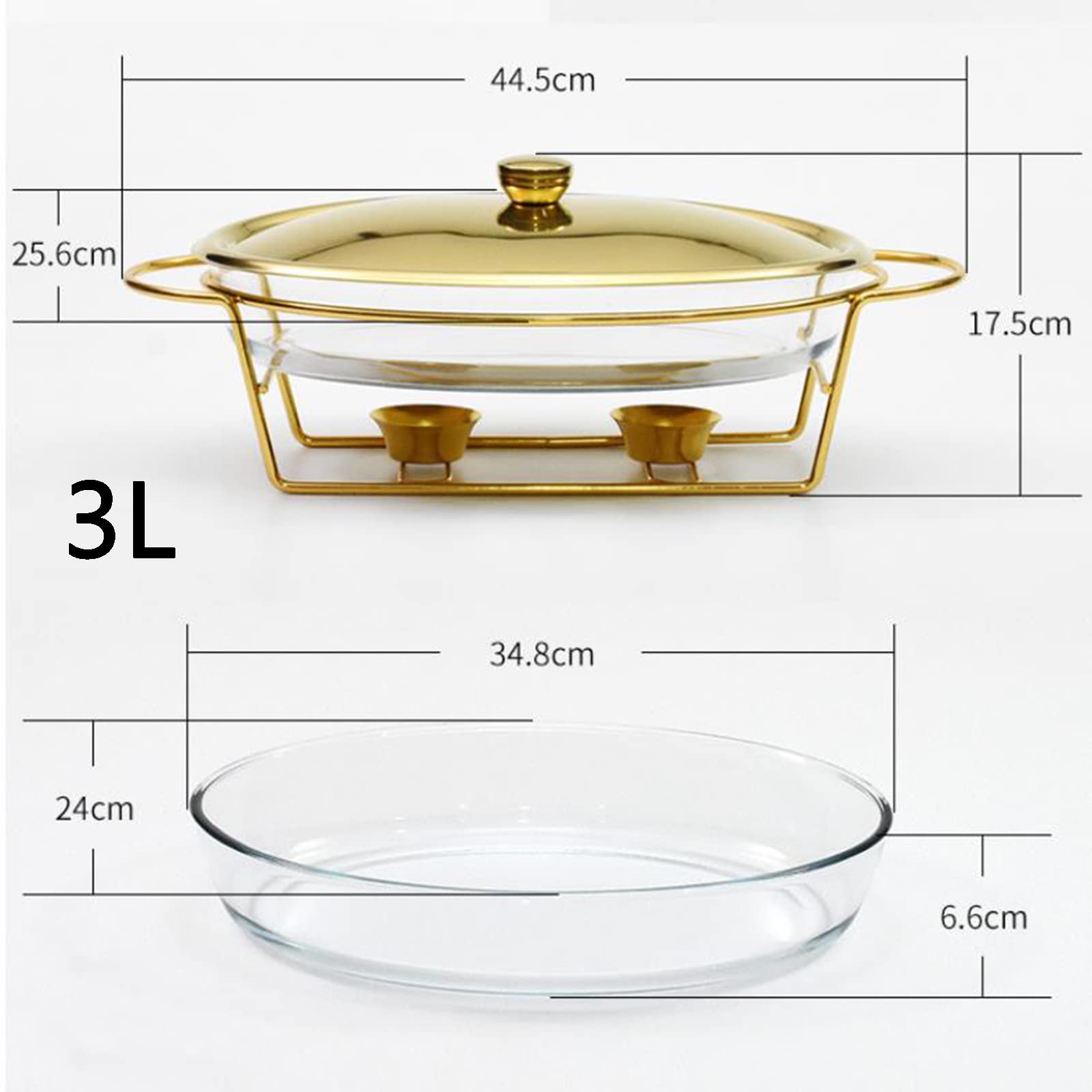 Juego de buffet de olla caliente, recipiente aislado para alimentos ovalado de 3 litros con olla de vidrio, tapa de metal, soporte de acero inoxidable para fiestas, buffet, bodas, banquetes, eventos