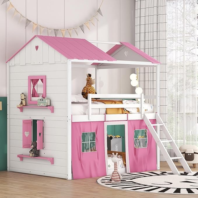 SOFTSEA Twin Size House Bunk Bed for Kids, Twin Over Twin Low Bunk Bed with Slide Ladder and Guardrails, Solid Wood Floor Bunk Beds with Tent and Windows Sills, Pink