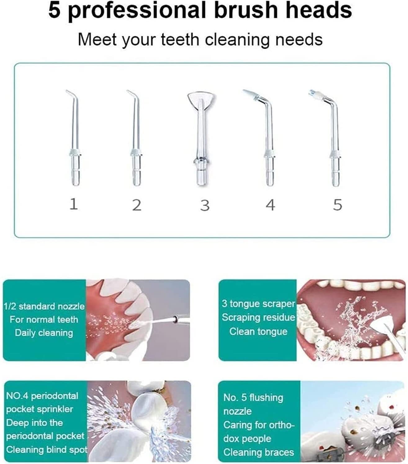 Idropulsore 3 modalità, Irrigatore Orale Dentale Senza Fili da 150 ml, 3 modalità e 5 Punte a Getto, IPX7 Impermeabile, detergente for Denti Impermeabile Ricaricabile for casa e Viaggi
