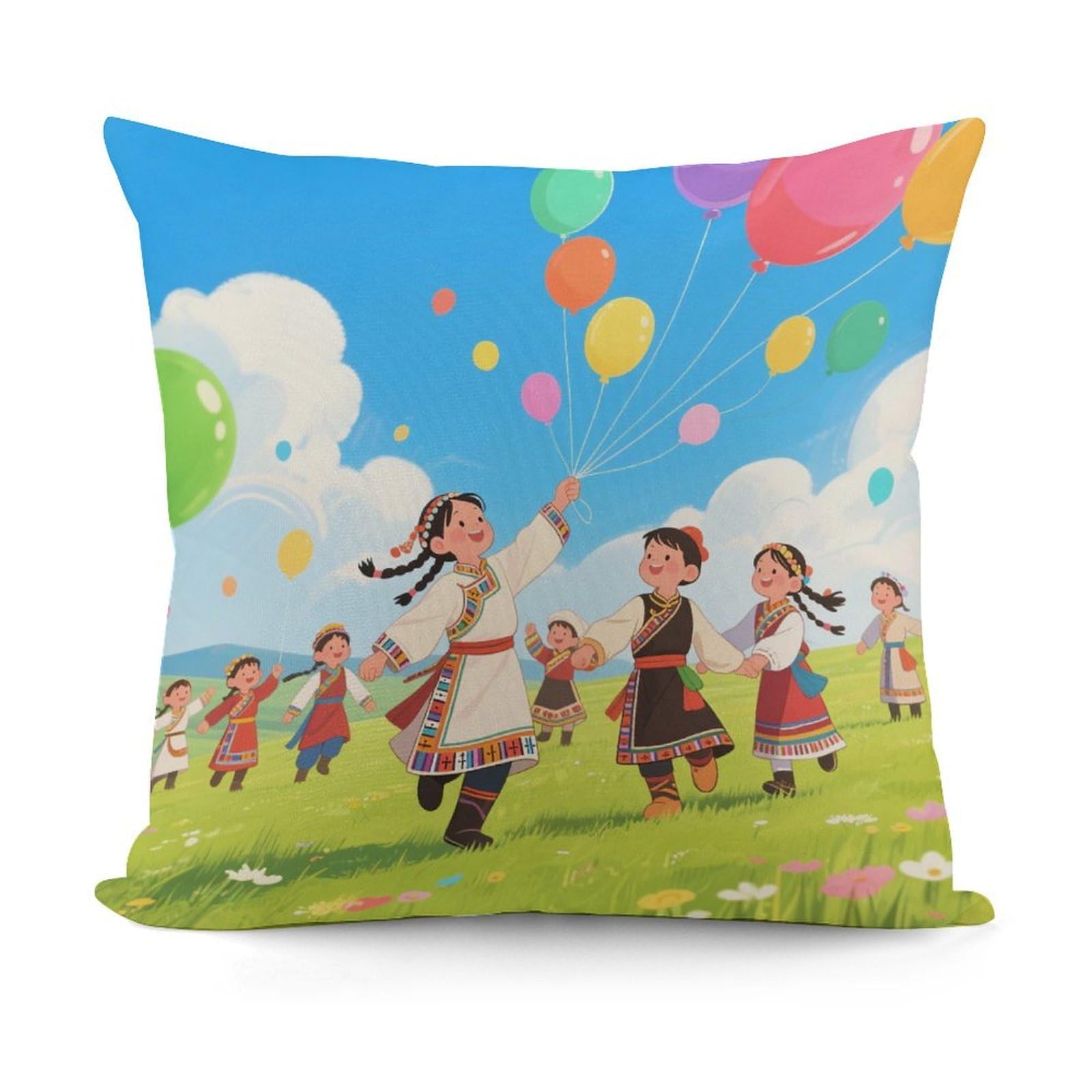 VstaDank Kids Dancing on Grassland Pillow Cover with Invisible Zipper Square Throw Pillowcase Plush Couch Sofa Pillow Case 18x18 Inch Decorative Throw Cushion Covers for Sofa Living Pillowcover