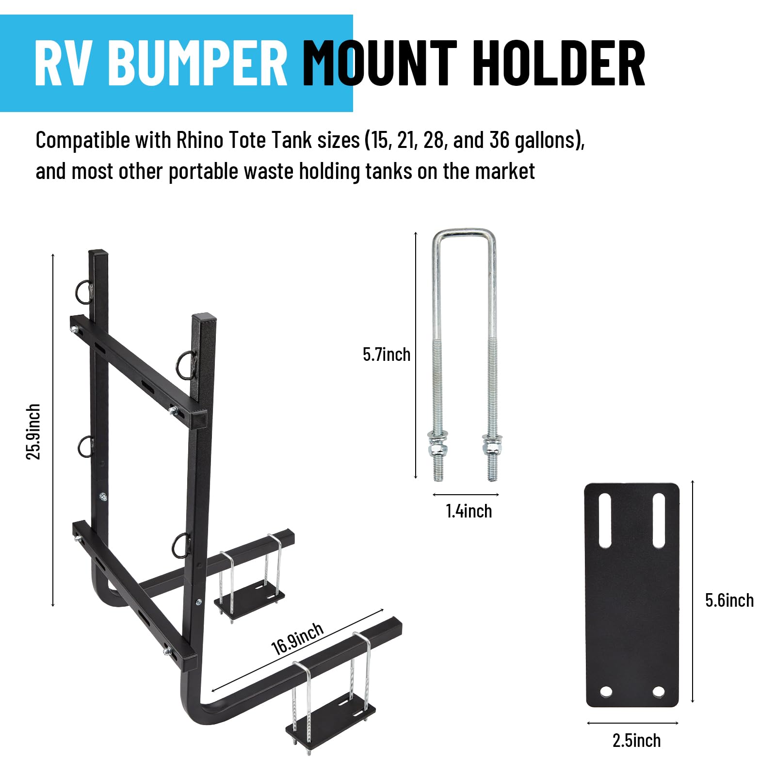 Supporto per serbatoio di rifiuti portatile aggiornato per serbatoio di rifiuti portatile compatibile con serbatoi da 15, 21, 28 e 36 galloni per paraurti da 4 "o 4,5" include cinghie a