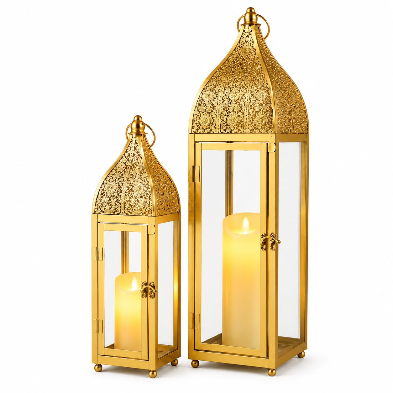 JHY Design - Juego de 2 farolillos de vela marroquíes de 44,5 cm y 39 cm de alto, portavelas de metal vintage con cristal templado, decoración para interior y exterior, ideal para sala de estar