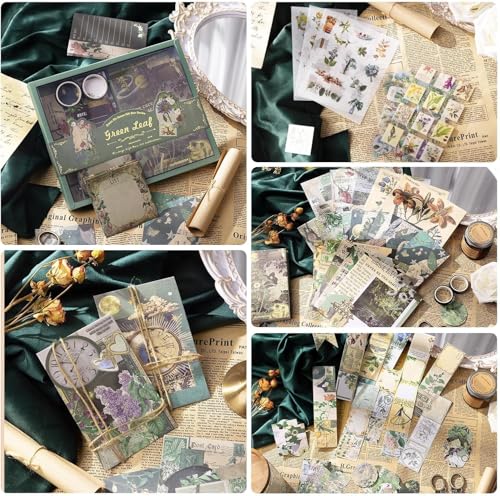 Image of 346Pcs Paper Vintage Aesthetic Scrapbook Kit Scrapbooking Supplies Kit With Bullet Junk Journal, Stationery, Washi Stickers A6 Grid Notebook Journaling Gift For Girl (Nature)