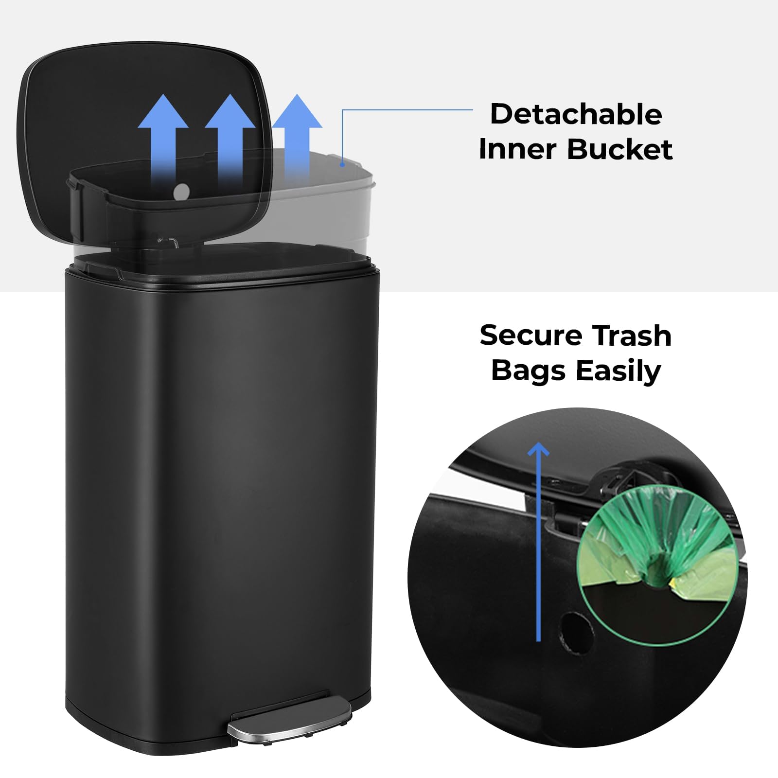 LIFERUN Poubelle Cuisine 50 Litres, Poubelle à Pédale en Acier Métal avec Couvercle, Seaux Intérieurs Amovible Fermeture en Douceur, pour Salle de Bain, Salon, Bureau, Noir