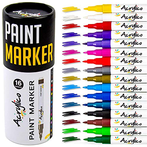 Acrylico Set of 16 Colors Acrylic Paint Markers. Extra Fine Tip Paint Pens for Rock Painting, Canvas, Ceramic, Wood, Glass, Mugs and Stones