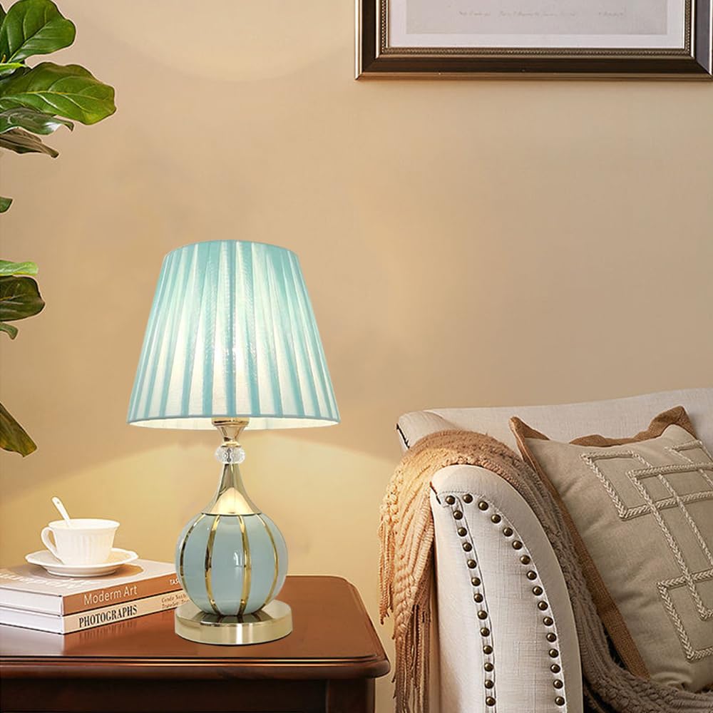 Mengjay Vintage Nachttischlampe mit Kabel,Tischlampe aus Keramik,Moderne Tischleuchte mit Stoffschirm,E27 Fassung,Dekolampe,Leselampe,Nachtlicht für Schlafzimmer, Wohnzimmer,Kinderzimmer (Blau)