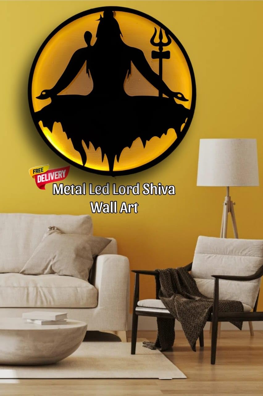 artico handicrafts Mahadev Shiv Ji Wall Décor, 3D Wall Art with LED Backlight, Wall Hanging for Living Room, Bedroom, Office, 24x24 inches (Large)