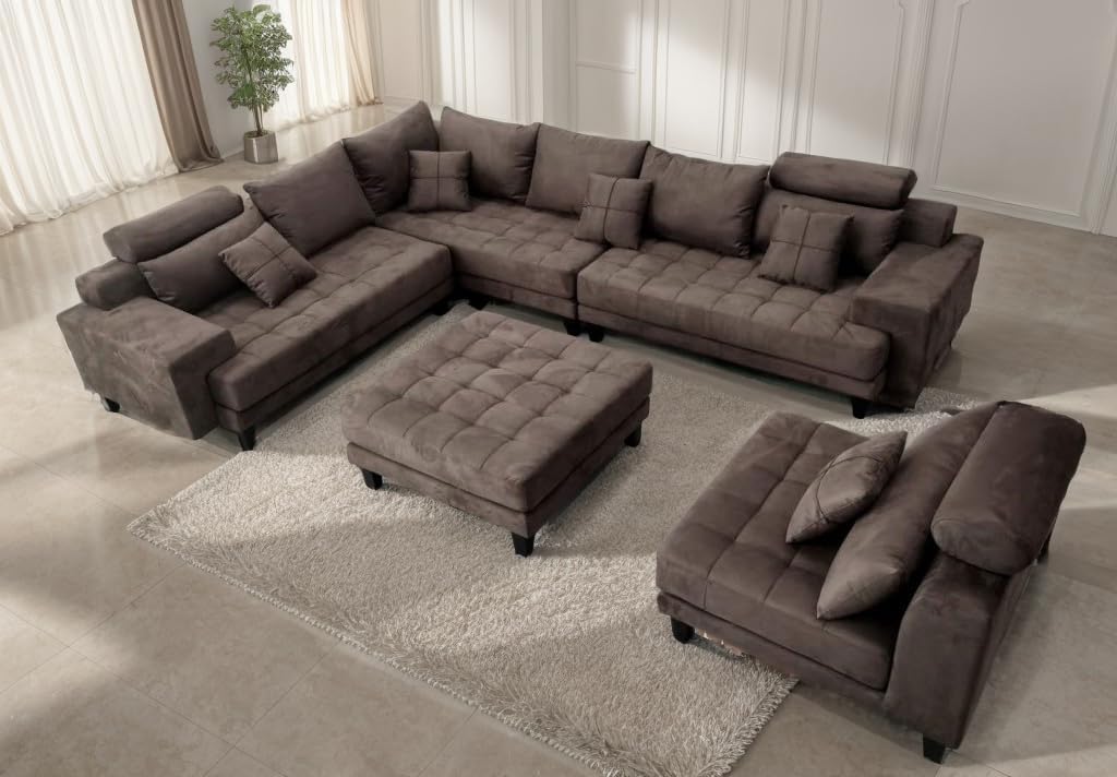 Stendmar L Shape U Shape Reversible Modern Microfiber Fabric Sectional Couch Sofa Set S150DBR (Brown, Extra Large)