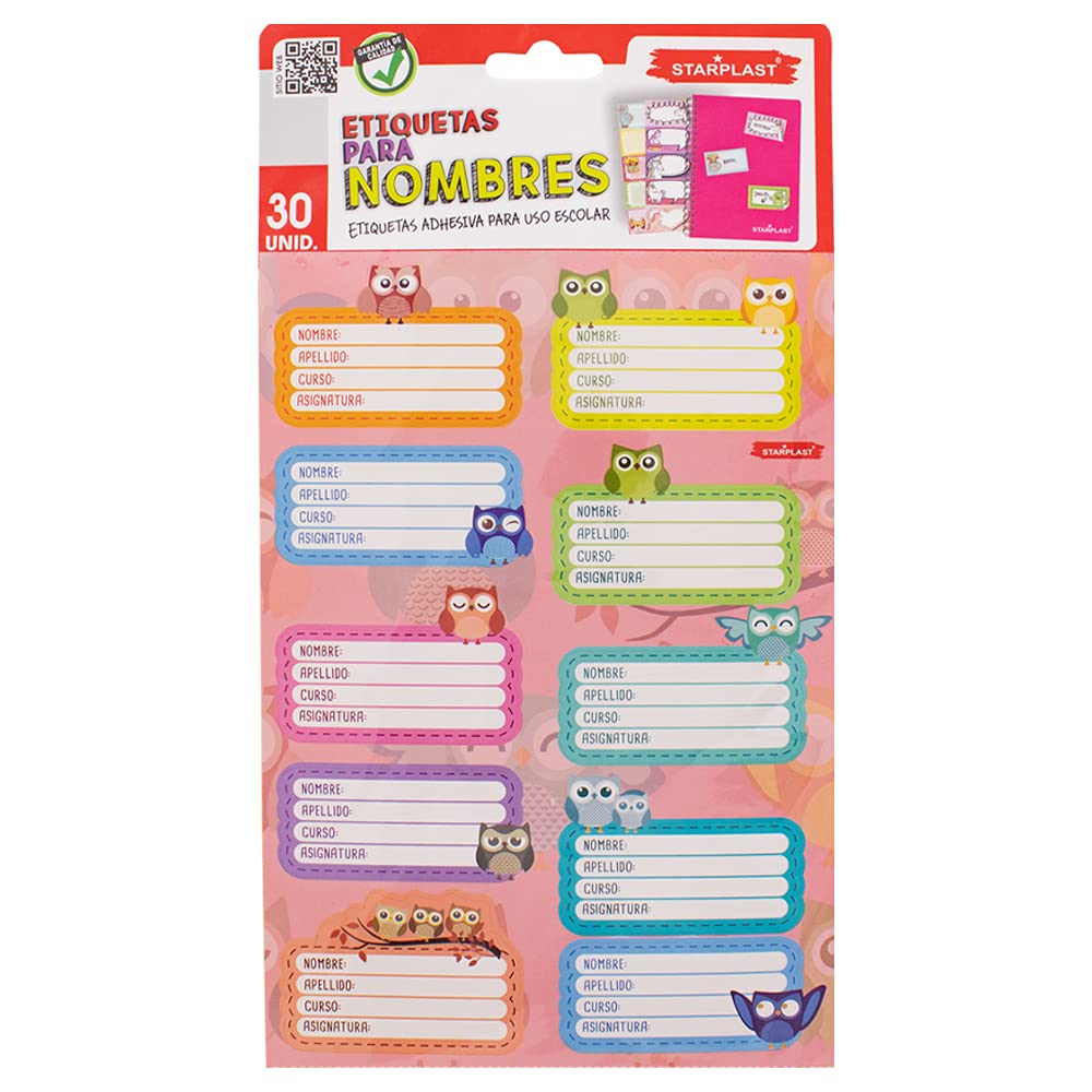 PACK 30 ETIQUETAS ESCOLARES STARPLAST - Etiquetas adhesivas, 75x45mm, con diseños, colores básicos, para asignaturas, la escuela o tus apuntes - Diseño 8
