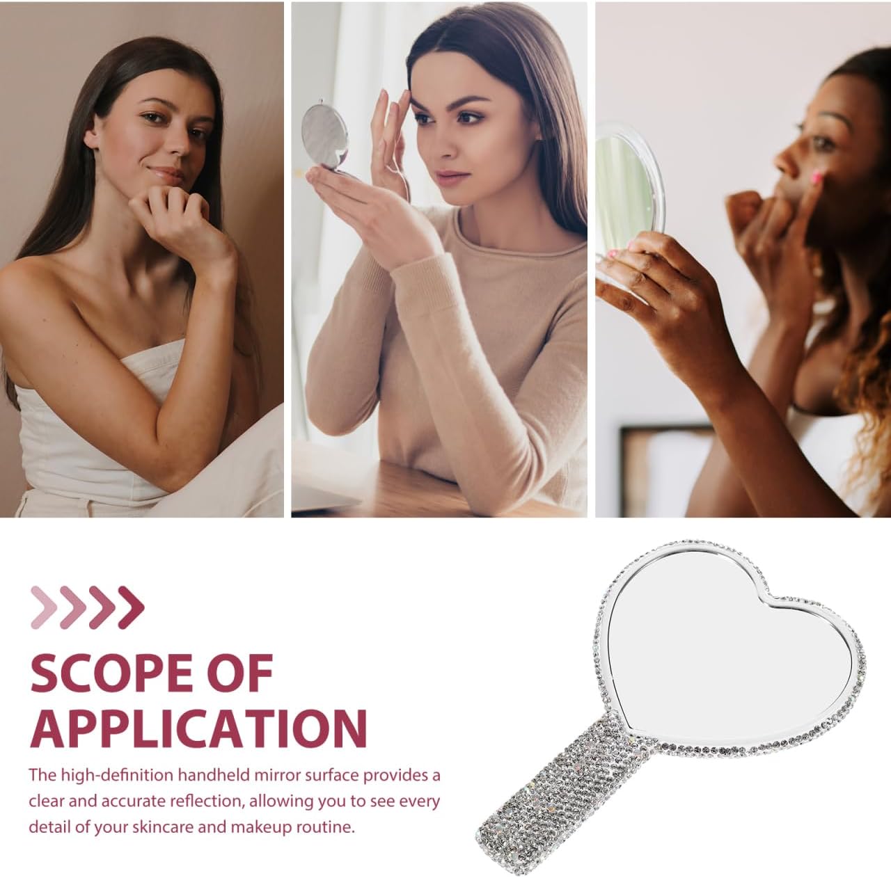 FOMIYES Rhinestone Heart Shaped Handheld Makeup Mirror with Handle Portable Compact Mirror for Travel Daily Beauty Touch-Ups High Definition Reflection Elegant Bling Design