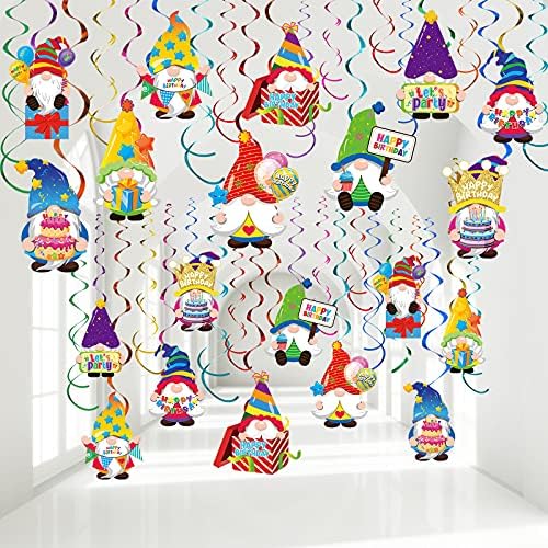 30 Pieces Happy Birthday Swirls Decorations Gnomes Birthday Hanging Swirl Gnomes Hanging Swirls Ceiling Birthday Hanging Swirls Streamers for Birthday Party Decorations Supplies Ornaments, 10 Patterns