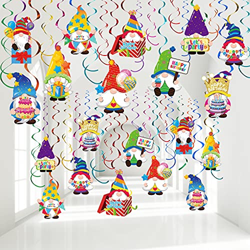 Nezyo 30 Pieces Gnome Birthday Party Decorations Happy Birthday Swirls Decorations Gnomes Hanging Swirls Ceiling Streamers for Party Decor Supplies Ornaments 10 Patterns
