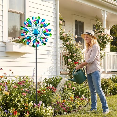 Image of Solar Wind Spinner Outdoor Metal - Peacock Kinetic Garden Sculptures with Color-Changing LED Lights, Waterproof Wind Catchers Yard Art Decor for Patio Lawn, for Women (Green)
