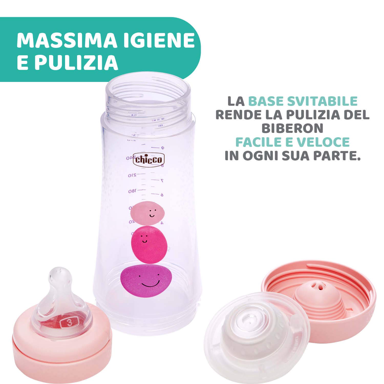 Chicco Perfect 5 Biberon Anticolica, Bimba, 300 ml, Silicone, 3 Fori, Rosa