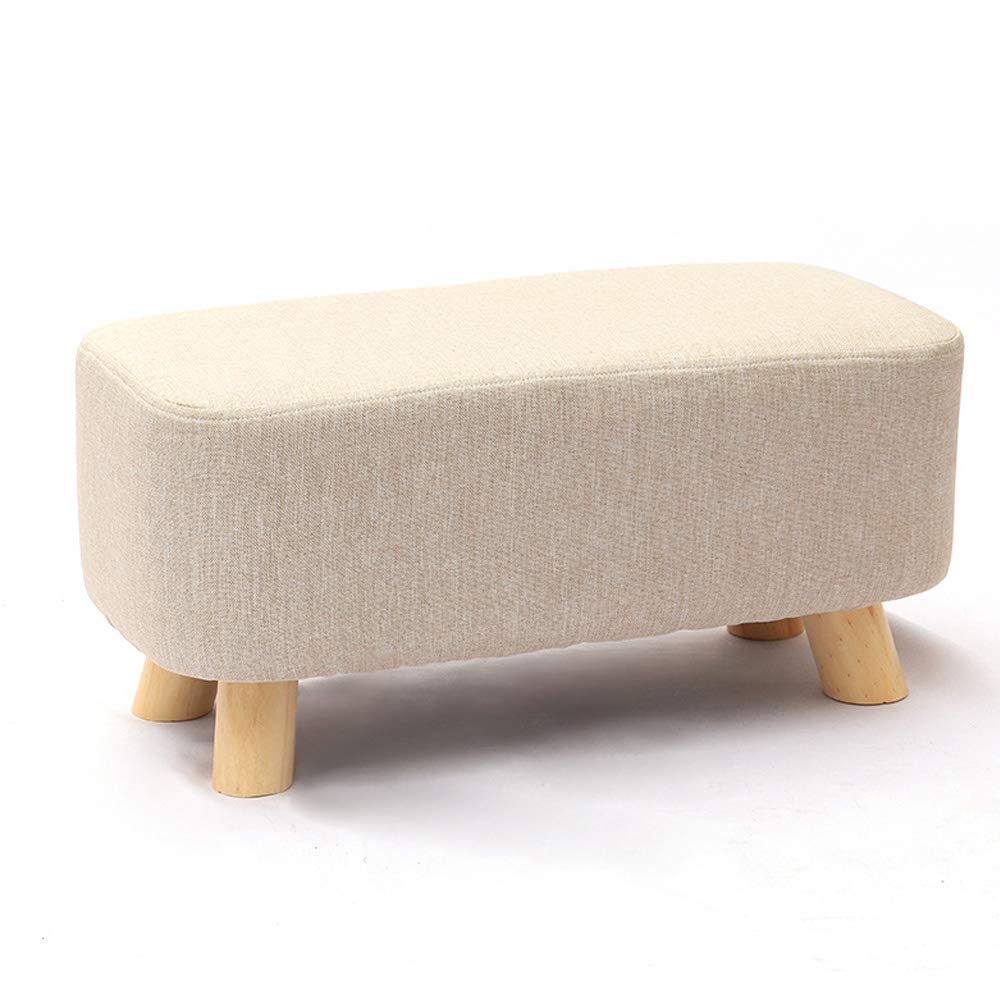Repose-Pieds Ottoman Rembourré Beige en Tissu Lin avec Housse Amovible et Pieds en Bois