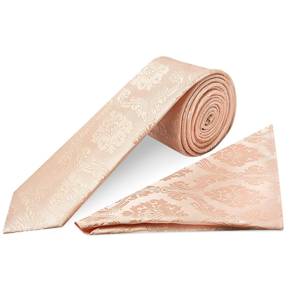 TIES R US Light Peach Paisley Skinny Boys Tie and Handkerchief Set