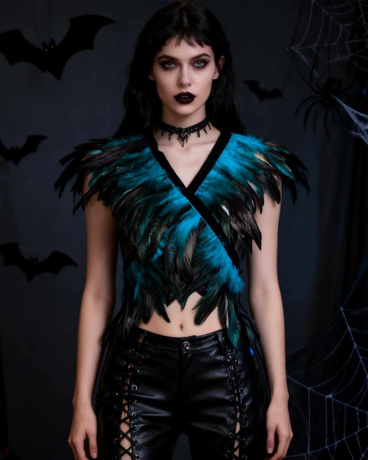 keland Gotycka naturalna peleryna z piórami szal opaska na ramię skrzydła Halloween złośliwy kostium dla kobiet