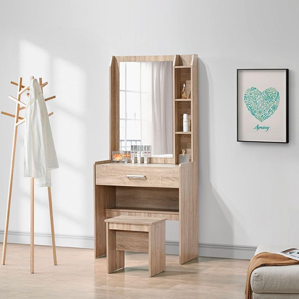 Danube Home Supreme 1 Drawer Tall Dresser With Stool | Durable Vanity Table | Dressing Makeup Desk With Storage | Modern Design Bedroom Furniture L79.5xW40.5xH169.5cm – French Sonoma Oak